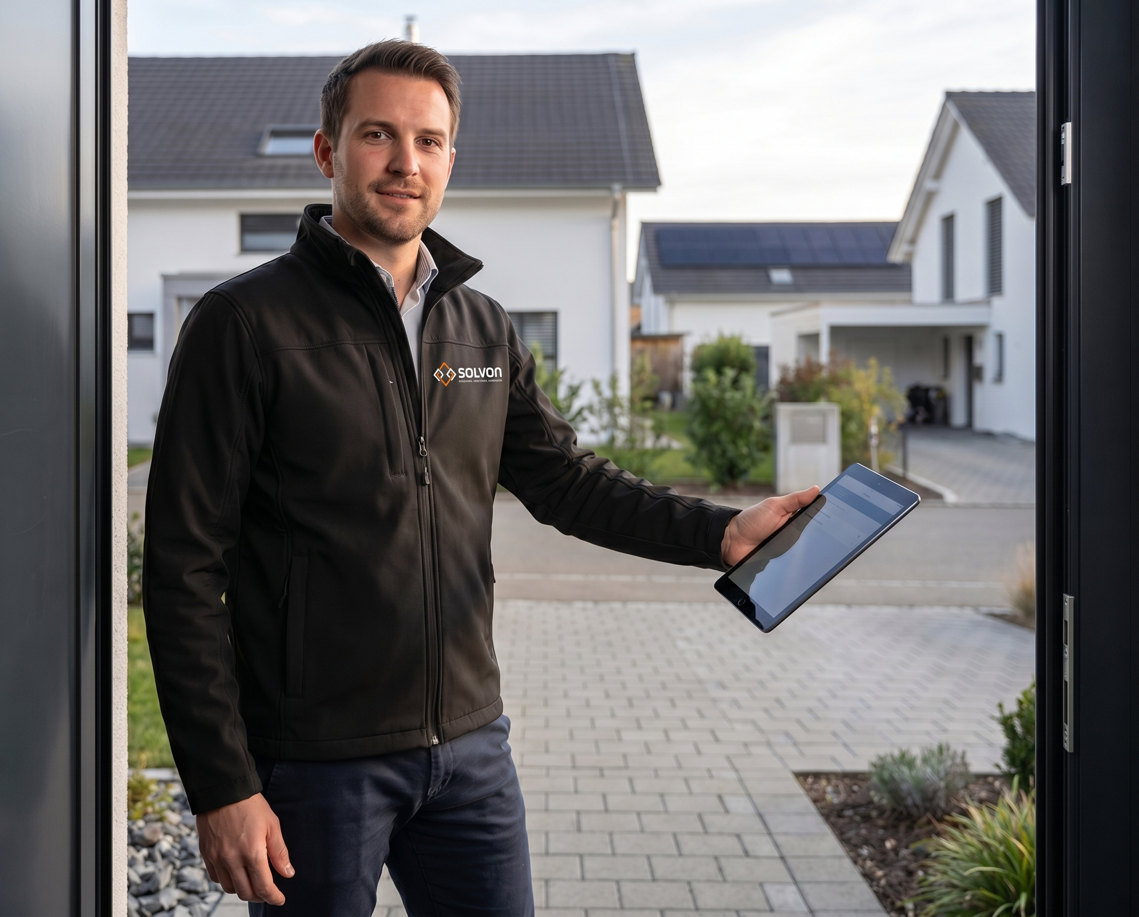 Solvon-Mitarbeiter mit Tablet an einer Haustür