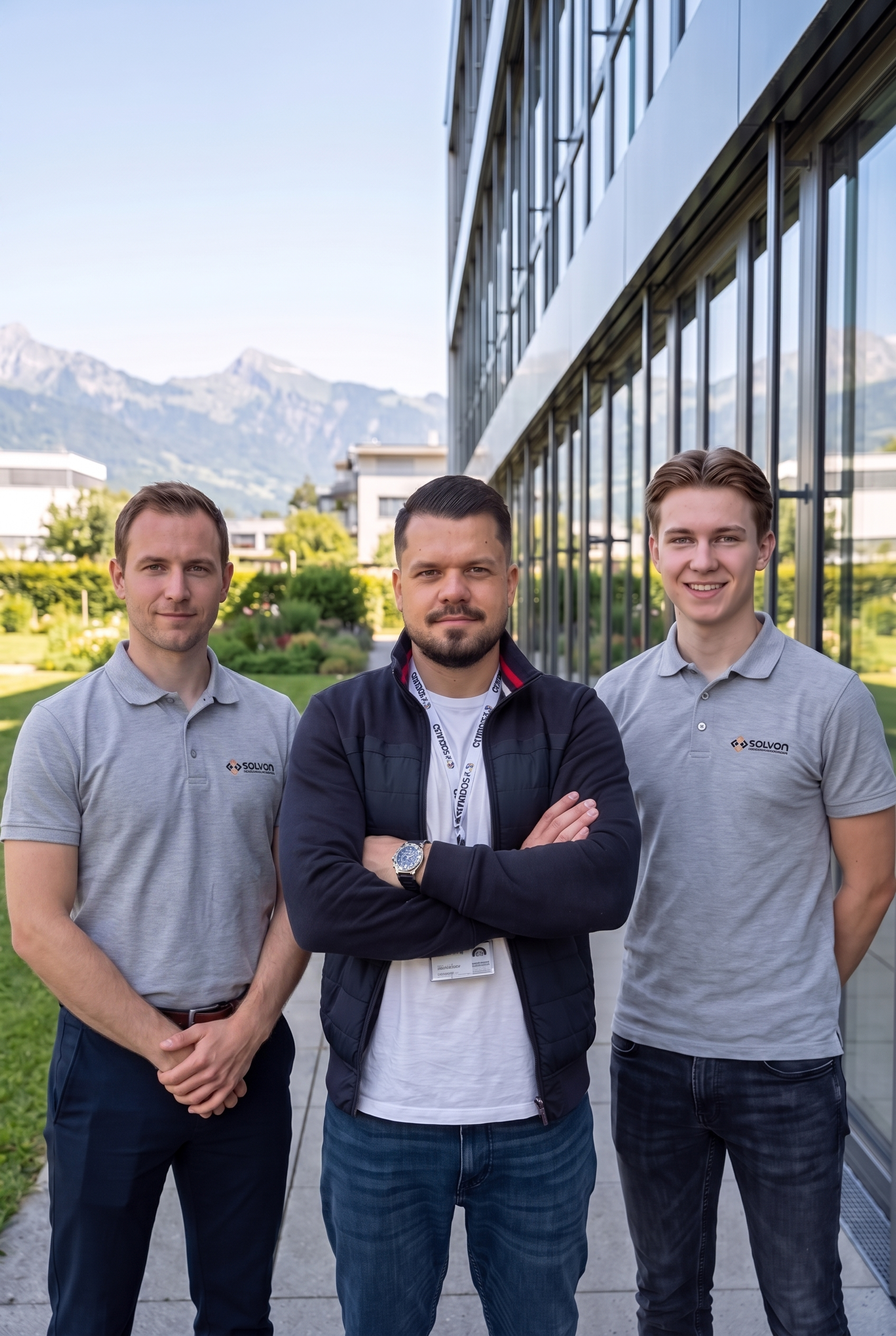 Drei Mitarbeiter der Solvon GmbH vor ihrem Bürogebäude